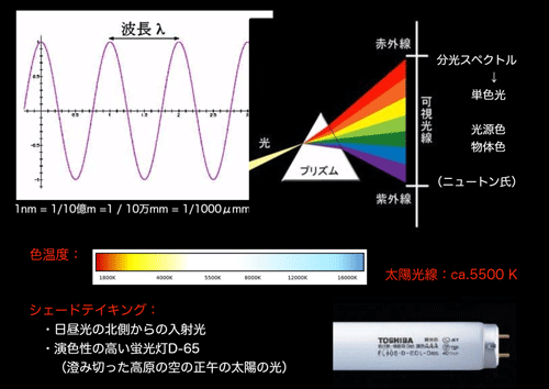 波長の単位、プリズムによる分光スペクトルとシェードテイキングにおける光